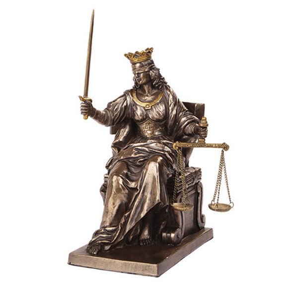 Seated Blind Lady of Justice Figurine Sword in Air Above Head